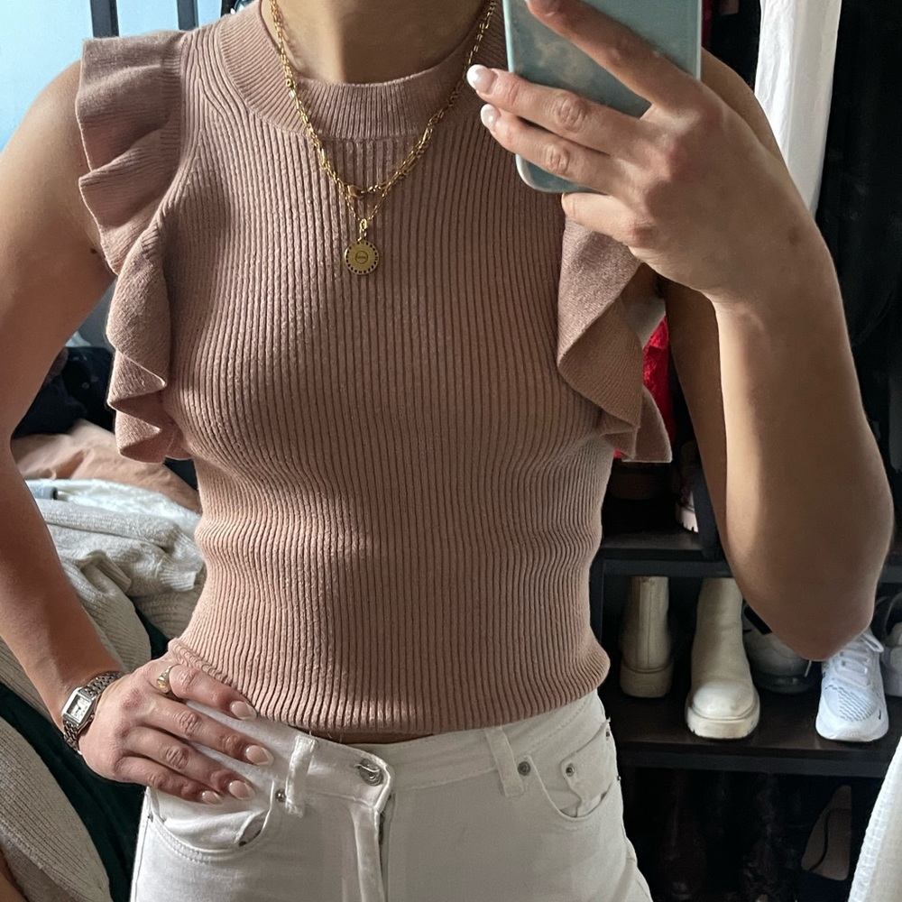 Sweater Razor Back Tank in Blush with Ruffles - Picture 2 of 7